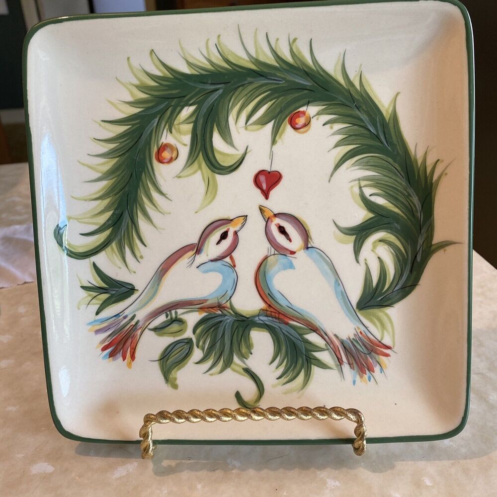 GAIL PITTMAN CHRISTMAS TRIMMINGS SQUARE SALAD PLATE - Two Turtle Doves!!